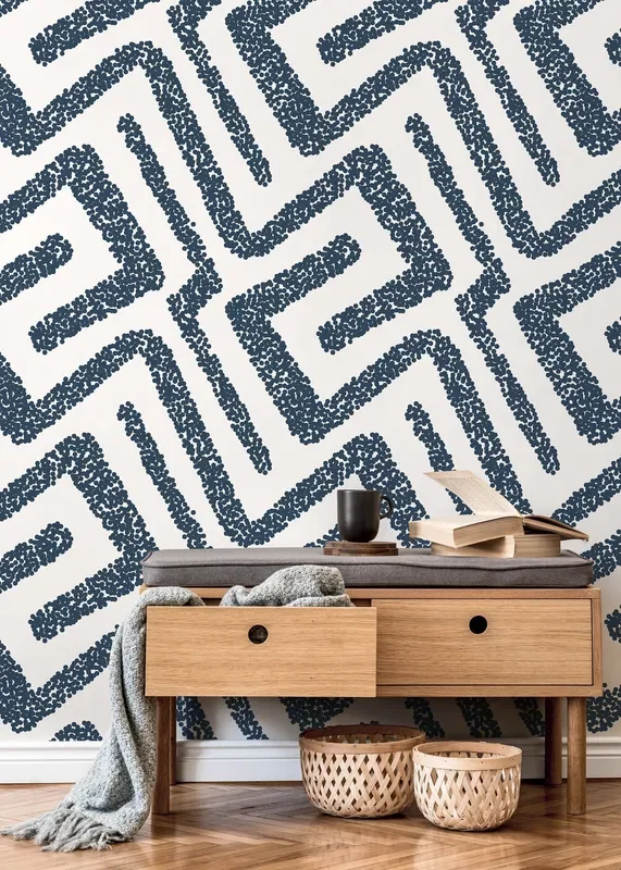 Abstract Wallpaper With A Dotted Maze Motif In Dark Blue – D046