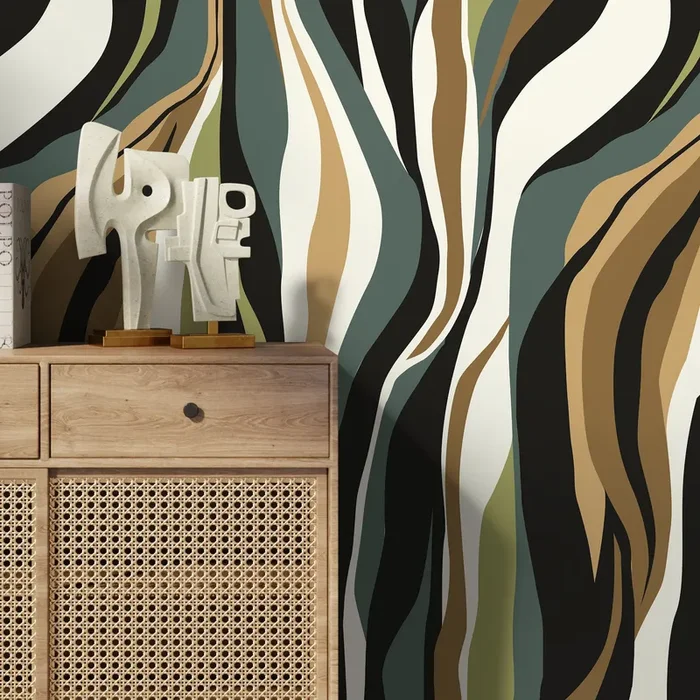 Abstract Wallpaper With A Flowing Wave Motif In Black, Green, And Brown – D613