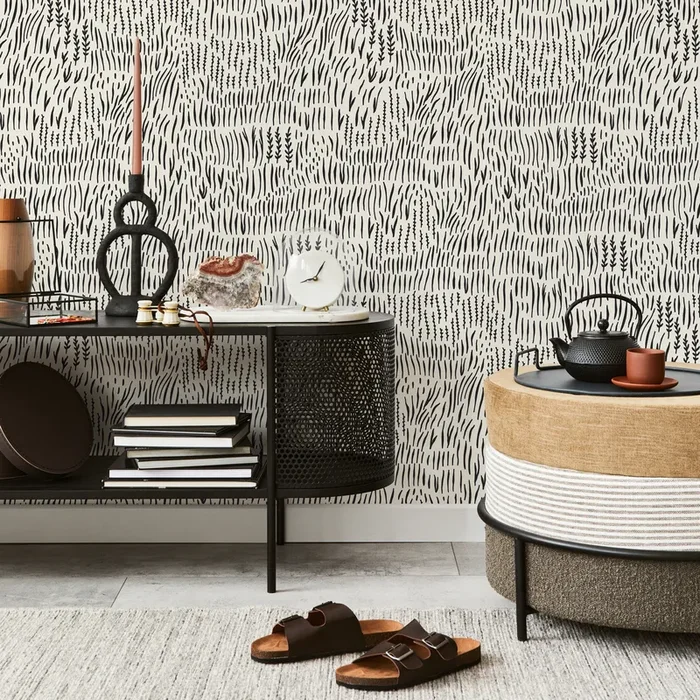 Abstract Wallpaper With A Hand-drawn Botanical Motif In Black – D289
