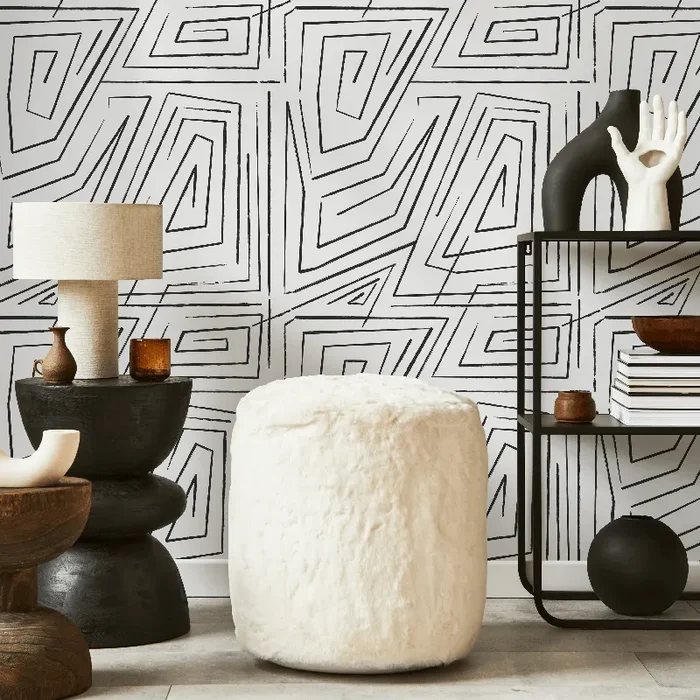 Abstract Wallpaper With A Hand-drawn Maze Motif In Black And White – C528