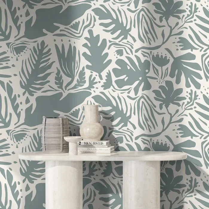 Abstract Wallpaper With A Matisse Inspired Botanical Motif In Sage Green – D664