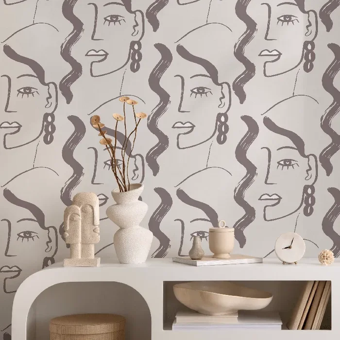 Abstract Wallpaper With A Minimalist Face Motif In Taupe And Light Gray – C093