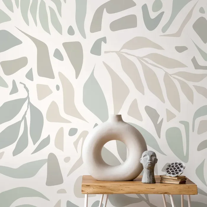 Abstract Wallpaper With A Minimalist Leaf Motif In Sage, Beige, And Gray – D724