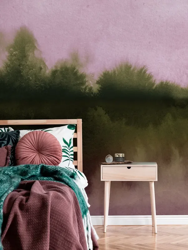 Abstract Wallpaper With A Misty Forest Scene In Pink And Olive Green – X155