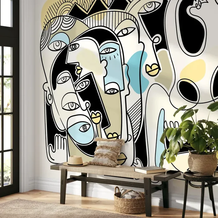 Abstract Wallpaper With A Modern Face Collage In Black, Blue, And Yellow – D591