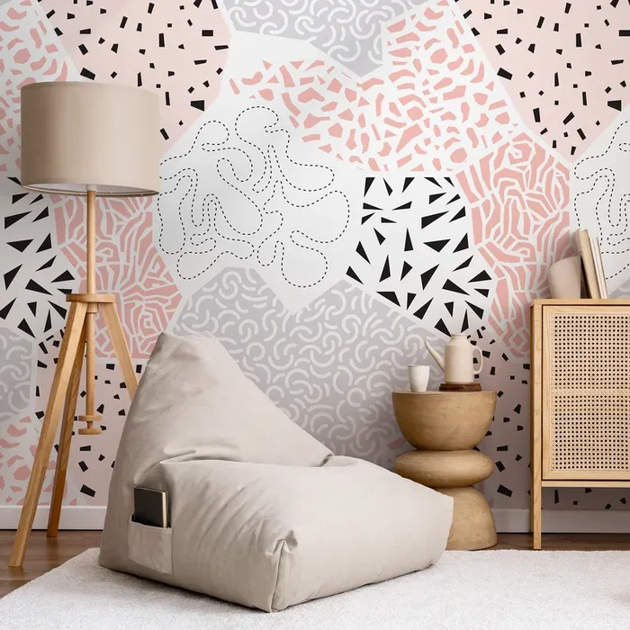Abstract Wallpaper With A Modern Patchwork Of Patterns In Pink, Black, And Grey – B712