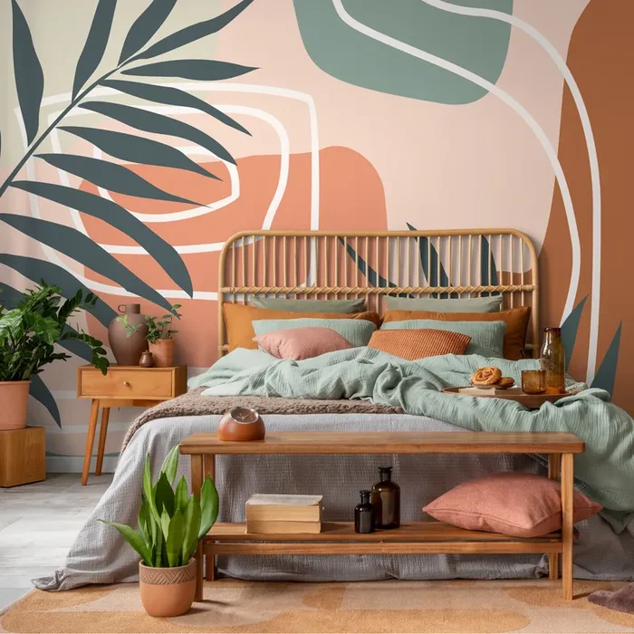 Abstract Wallpaper With A Palm Leaf In Terracotta, Sage, And Charcoal – B962