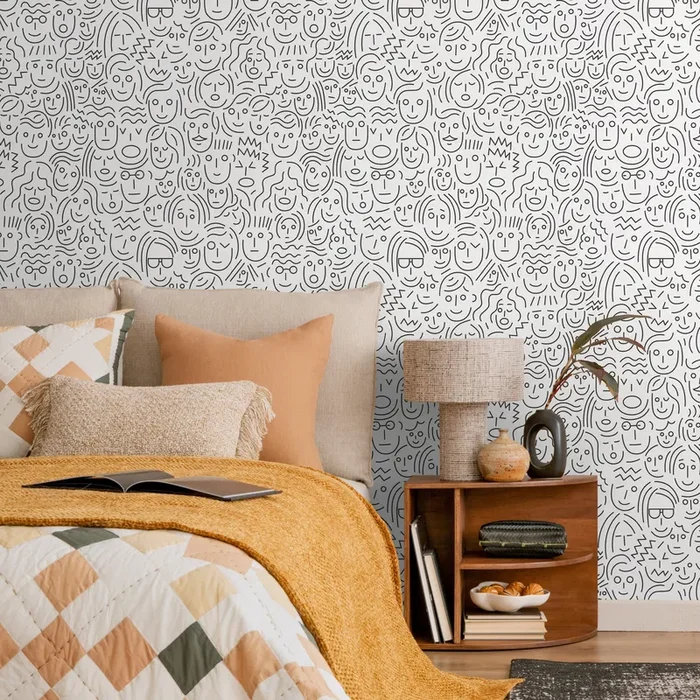 Abstract Wallpaper With A Pattern Of Doodled Faces In Black And White – B280