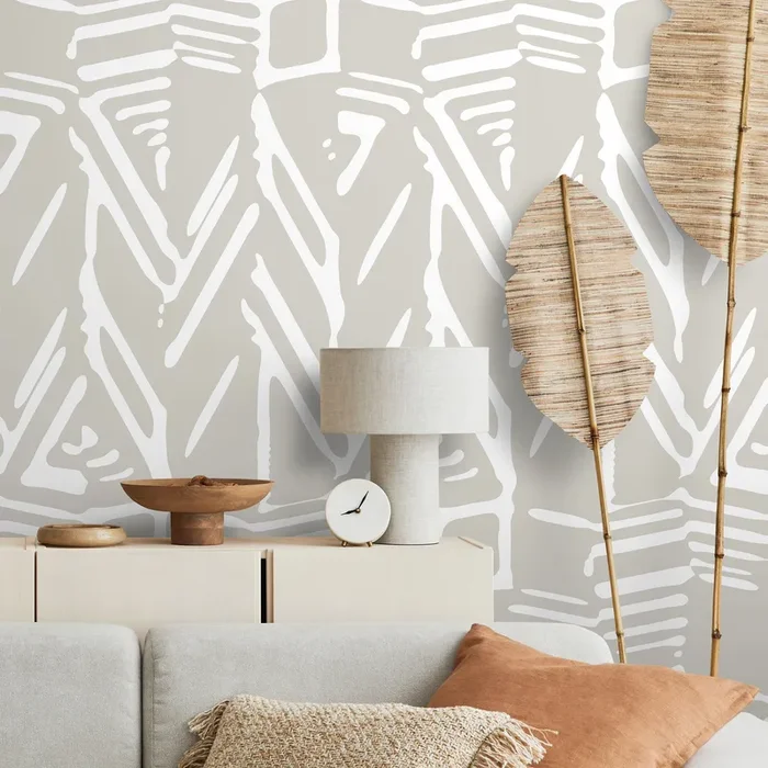 Abstract Wallpaper With A Tribal Brushstroke Motif In White And Beige – D959