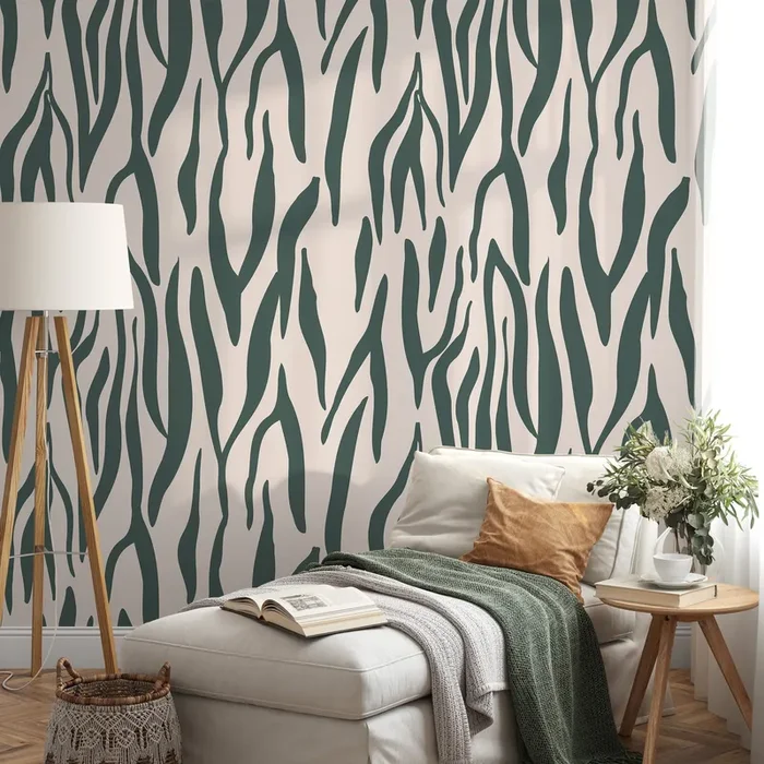 Abstract Wallpaper With An Organic Stripe Motif In Green And Beige – D609