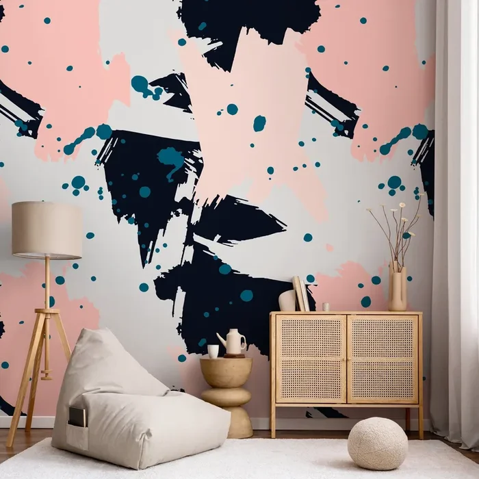 Abstract Wallpaper With Artistic Brush Strokes In Pink, Navy, And Teal – B263