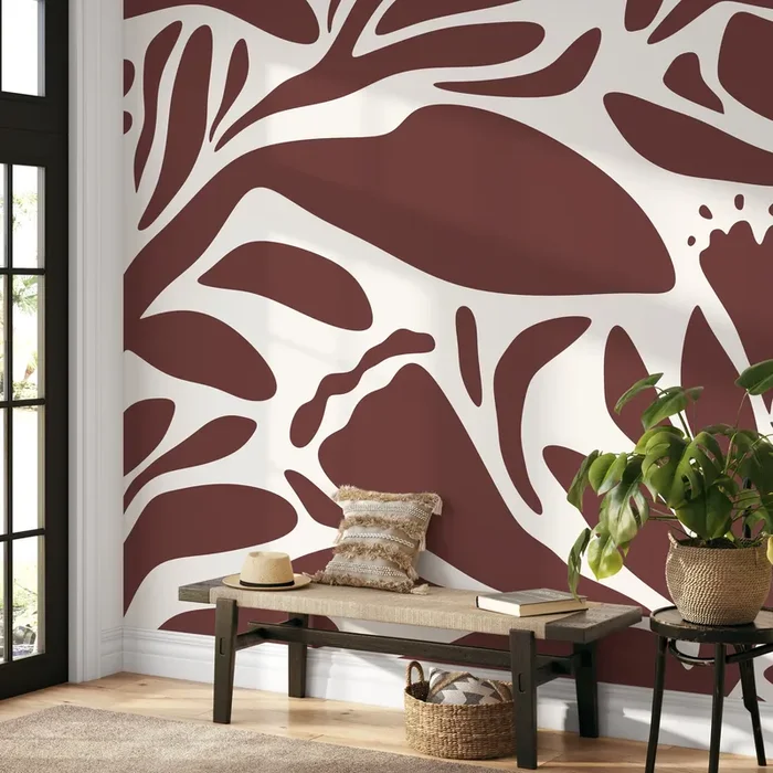 Abstract Wallpaper With Bold Botanical Silhouettes In Brown And White – D704