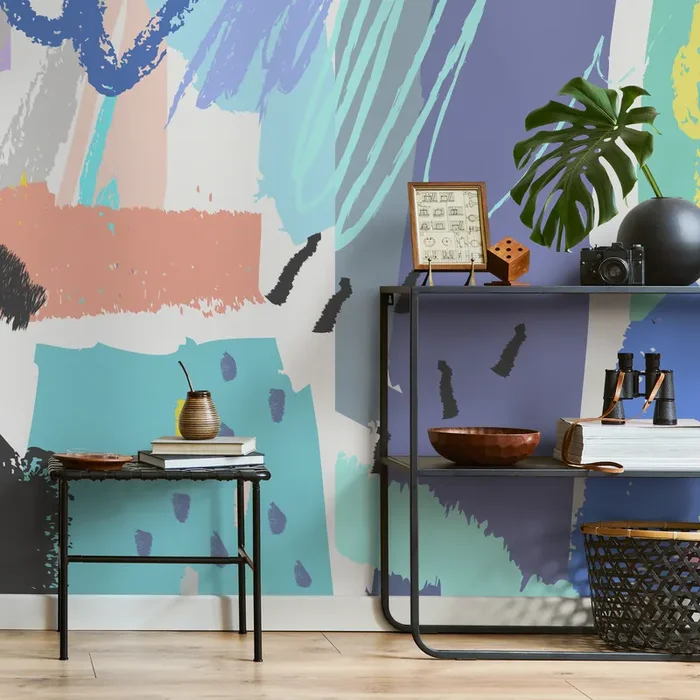 Abstract Wallpaper With Bold Brush Strokes In Blue, Pink, And Teal – B166