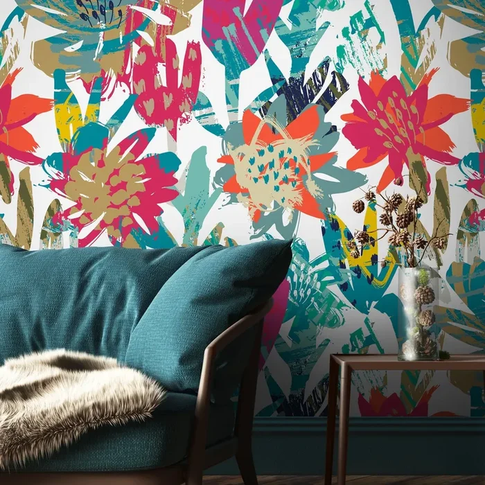 Abstract Wallpaper With Bold Brushstroke Flowers In Pink, Teal, And Yellow – A717