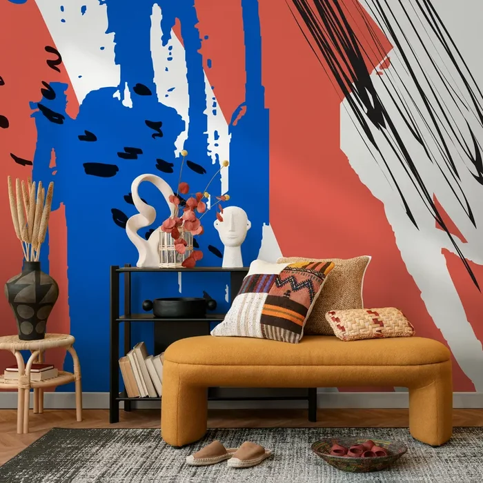 Abstract Wallpaper With Bold Brushstrokes In Red, Blue, And Black – B499