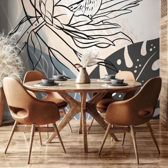 Abstract Wallpaper With Bold Floral Line Art In Black, Blue, And Beige – C079