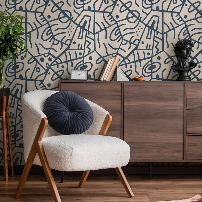 Abstract Wallpaper With Bold Tribal Lines In Navy Blue And Taupe – D549