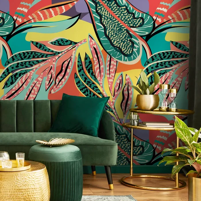 Abstract Wallpaper With Bold Tropical Leaves In Red, Teal, And Yellow – C426