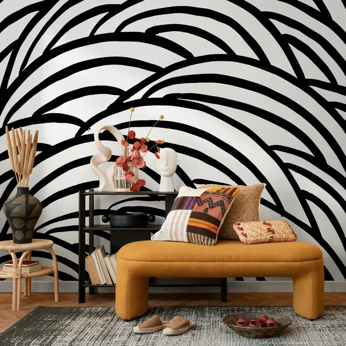 Abstract Wallpaper With Bold Wavy Brushstrokes In Black And White – C433