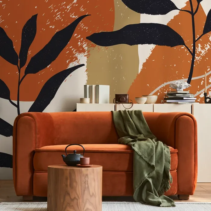 Abstract Wallpaper With Botanical Silhouettes In Terracotta, Black, And Tan – C073
