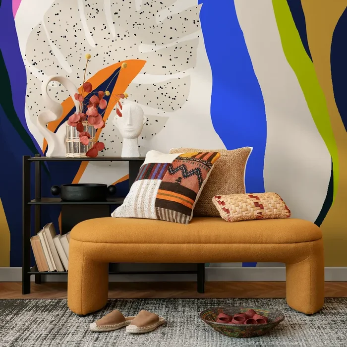 Abstract Wallpaper With Colorful Leaf Silhouettes In Blue, Green, And Orange – C140