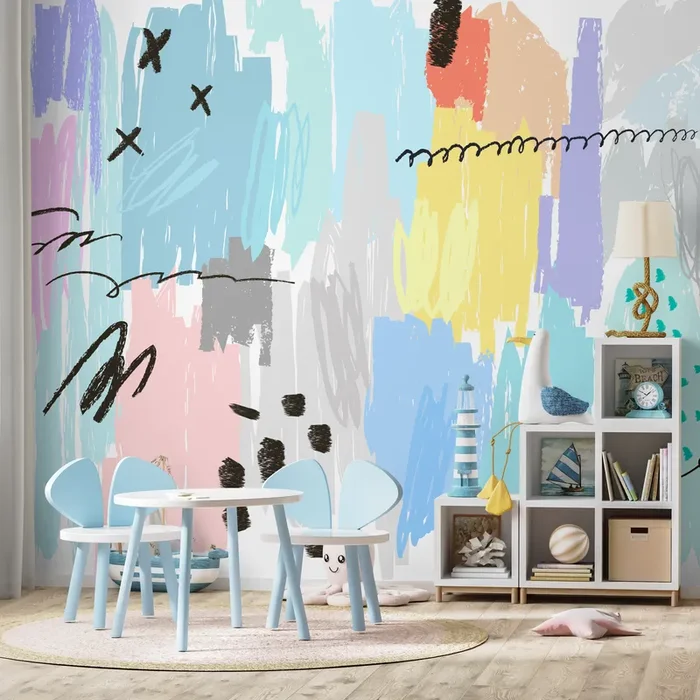 Abstract Wallpaper With Colorful Scribbles In Blue, Yellow, And Pink – A736