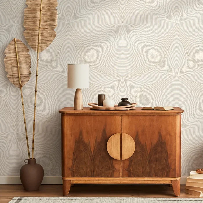 Abstract Wallpaper With Concentric Line Art In Gold And Cream – C835