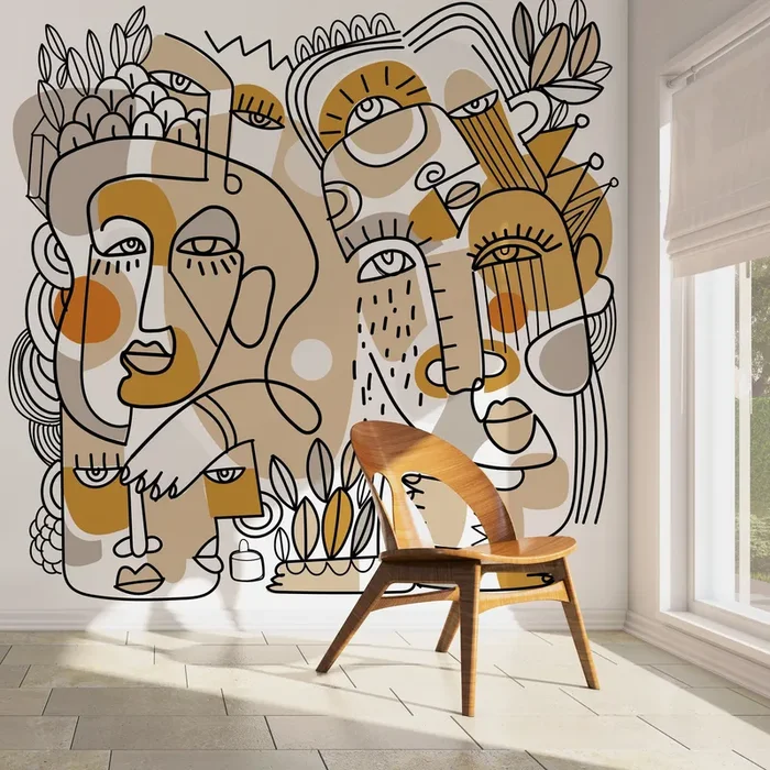 Abstract Wallpaper With Continuous Line Art Faces In Beige, Ochre, And Black – D554