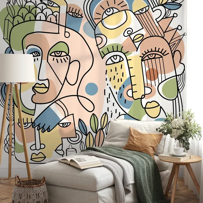 Abstract Wallpaper With Continuous Line Art Faces In Green, Blue, And Peach – D555