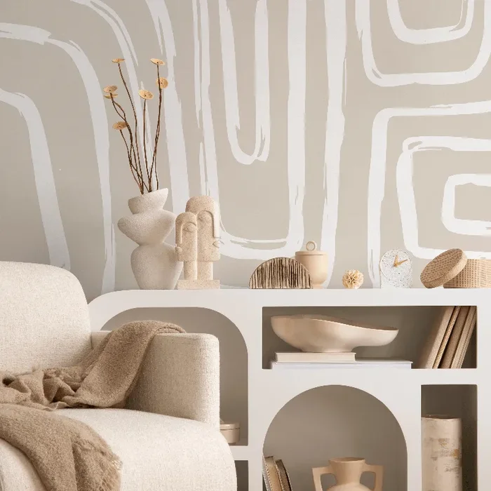 Abstract Wallpaper With Curved Brushstroke Lines In Beige And White – C089
