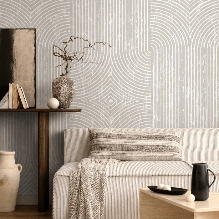 Abstract Wallpaper With Distressed Arches And Lines In Beige And Cream – C927
