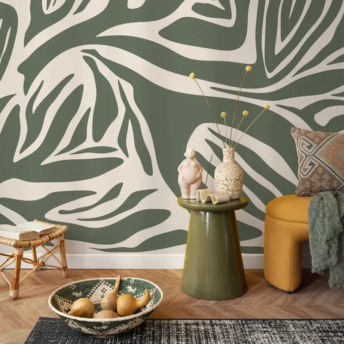 Abstract Wallpaper With Flowing Organic Shapes In Olive Green And Cream – D691