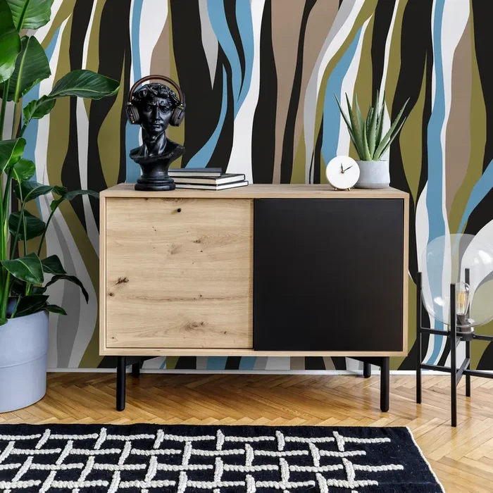 Abstract Wallpaper With Flowing Vertical Waves In Black, Blue, And Olive Green – D612
