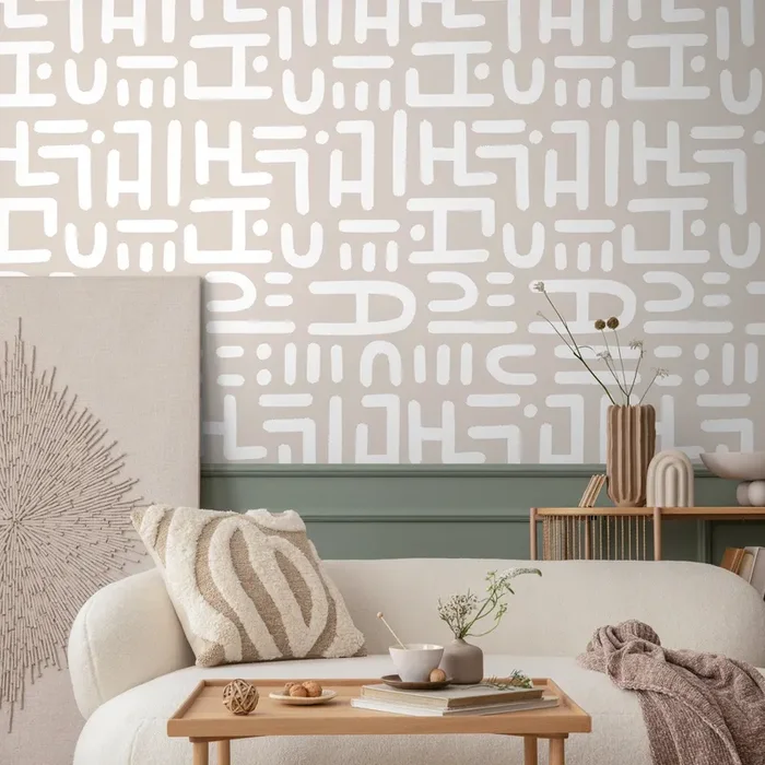 Abstract Wallpaper With Hand-drawn Geometric Forms In Beige And White – B994