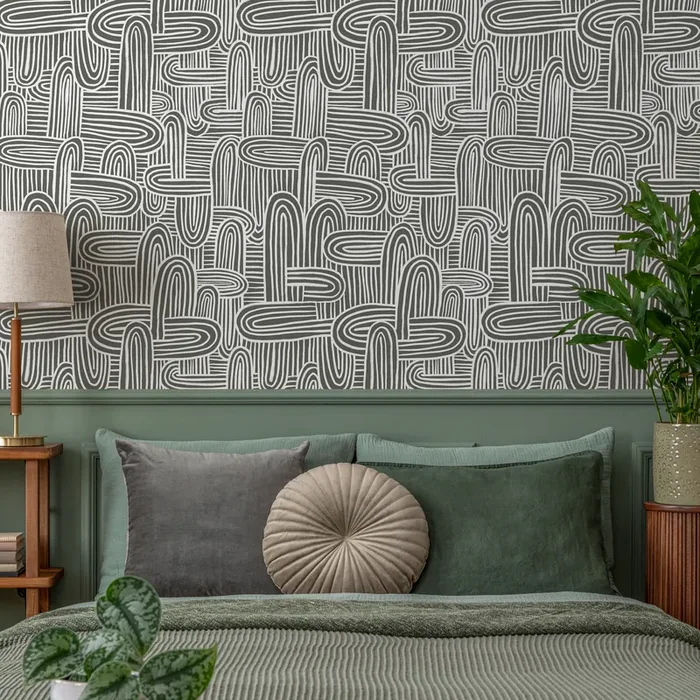 Abstract Wallpaper With Hand-drawn Organic Lines In Gray Green And White – C905
