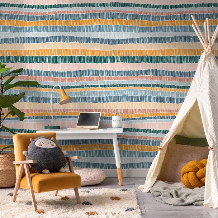 Abstract Wallpaper With Hand-drawn Stripes In Blue, Green, And Orange – D509