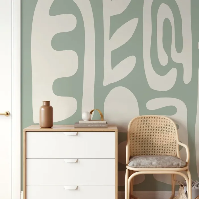 Abstract Wallpaper With Large Scale Organic Shapes In Sage Green And Cream – D593