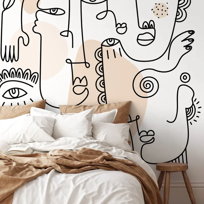 Abstract Wallpaper With Line Art Faces In Black And Beige – D602