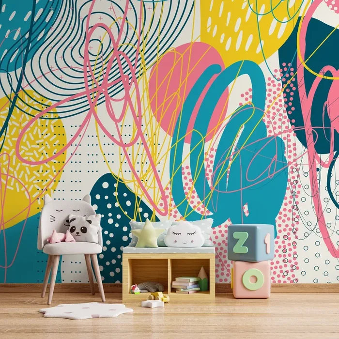 Abstract Wallpaper With Memphis Style Doodles In Teal, Yellow, And Pink – D994