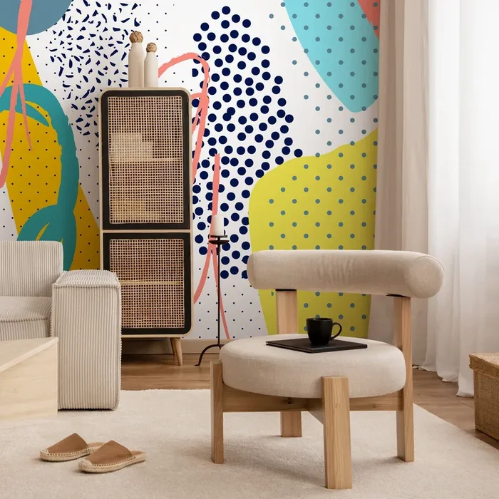 Abstract Wallpaper With Memphis Style Shapes And Dots In Blue, Yellow, And Teal – A705