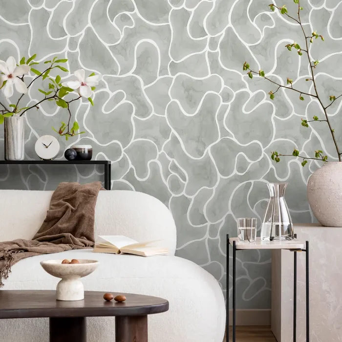 Abstract Wallpaper With Organic Fluid Lines In Sage Gray And White – C942