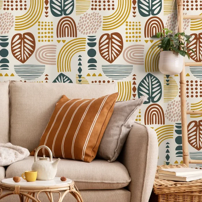 Abstract Wallpaper With Organic Shapes And Leaves In Green, Brown, And Mustard – C735