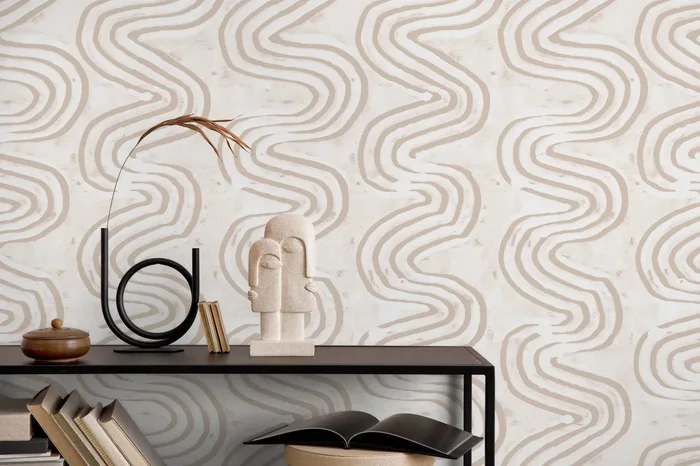Abstract Wallpaper With Organic Wavy Lines In Beige And Cream – X093