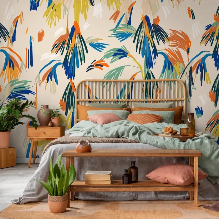 Abstract Wallpaper With Painterly Palm Leaves In Blue, Orange, And Yellow – C360