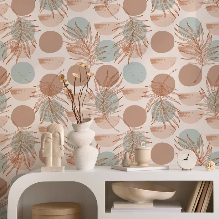Abstract Wallpaper With Palm Fronds And Circles In Terracotta And Blue – B918