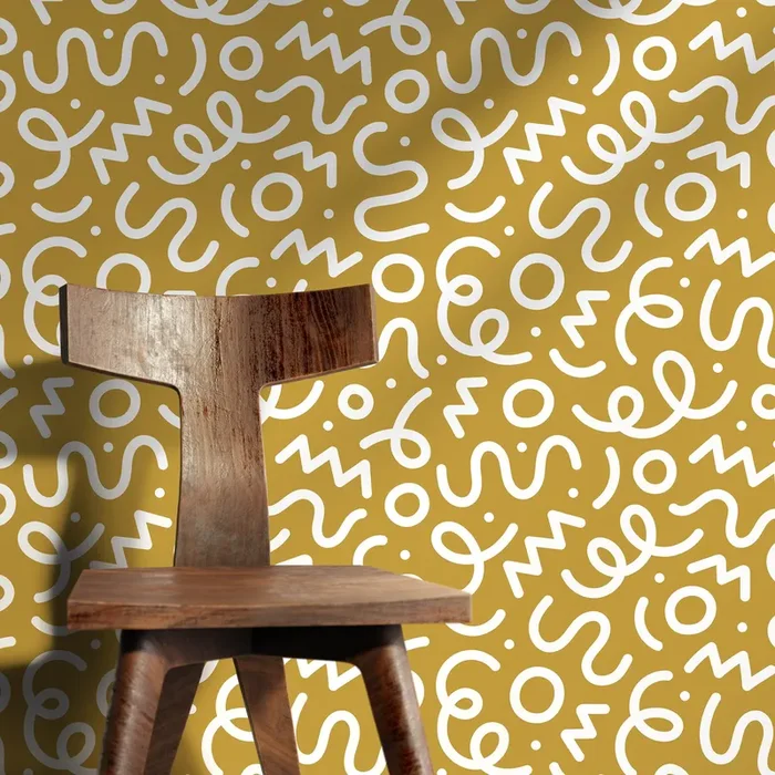 Abstract Wallpaper With Playful Squiggles And Shapes In Yellow And White – D574