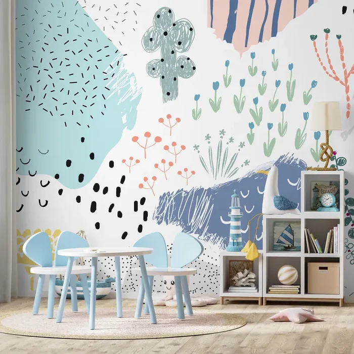 Abstract Wallpaper With Scribbled Doodles And Shapes In Blue And Pink – A520