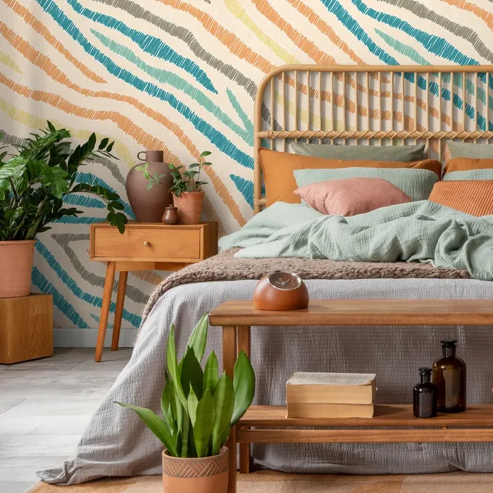 Abstract Wallpaper With Scribbled Wavy Lines In Blue, Orange, And Yellow – C819