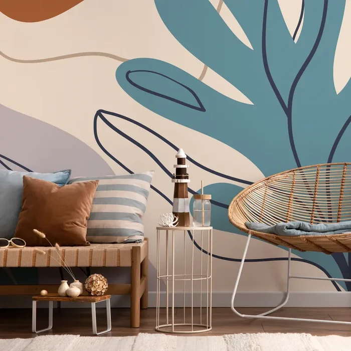 Abstract Wallpaper With Stylized Botanical Shapes In Teal And Terracotta – C061