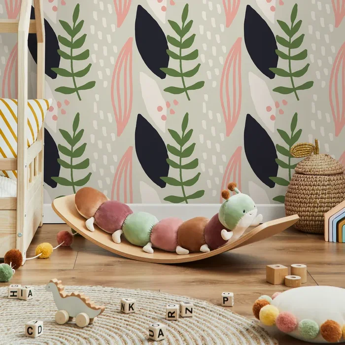 Abstract Wallpaper With Stylized Leaves In Green, Pink, And Black – B463